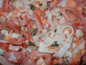 рецепты салата с кальмарами